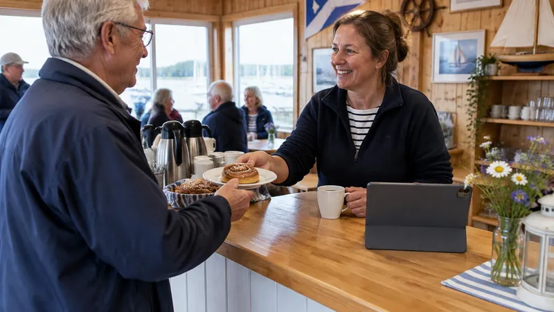Volontär serverar fika till en medlem vid en föreningsdisk med surfplatta