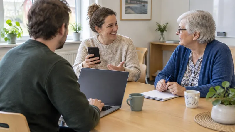 Tre föreningsaktiva diskuterar medlemskommunikation med mobil och dator