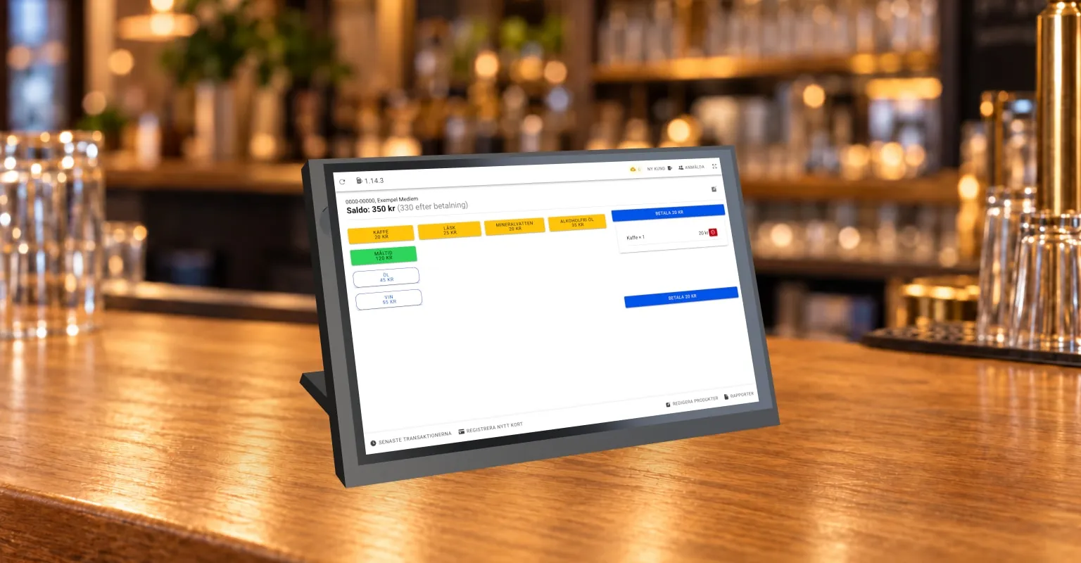 Illustratives Umgebungsbild des Touchscreen-Terminals von Barkassan auf einer Theke in einem Vereinsheim