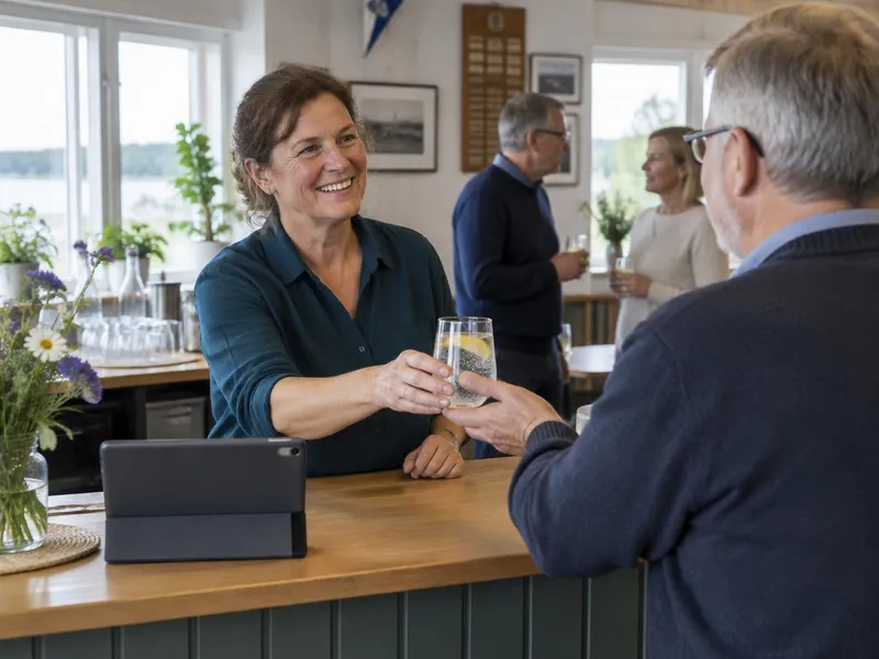 Illustrativ bild av en volontär som serverar en medlem vid föreningsbaren