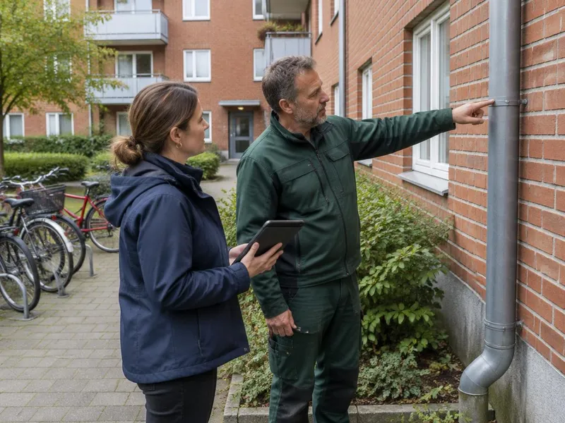 Illustrativ bild av en fastighetsskötare och förvaltare som inspekterar en byggnad tillsammans