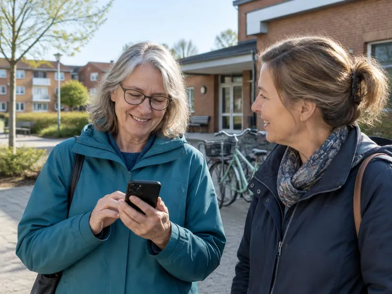 Illustrativ bild av en medlem som läser i sin mobil utanför en föreningslokal